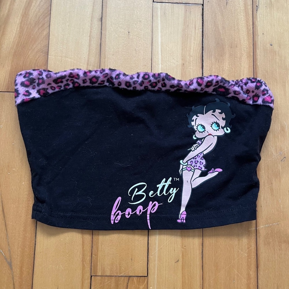 Betty Boop Black Tube Top Cheetah Print Trim Fluffy Edgy Y2K